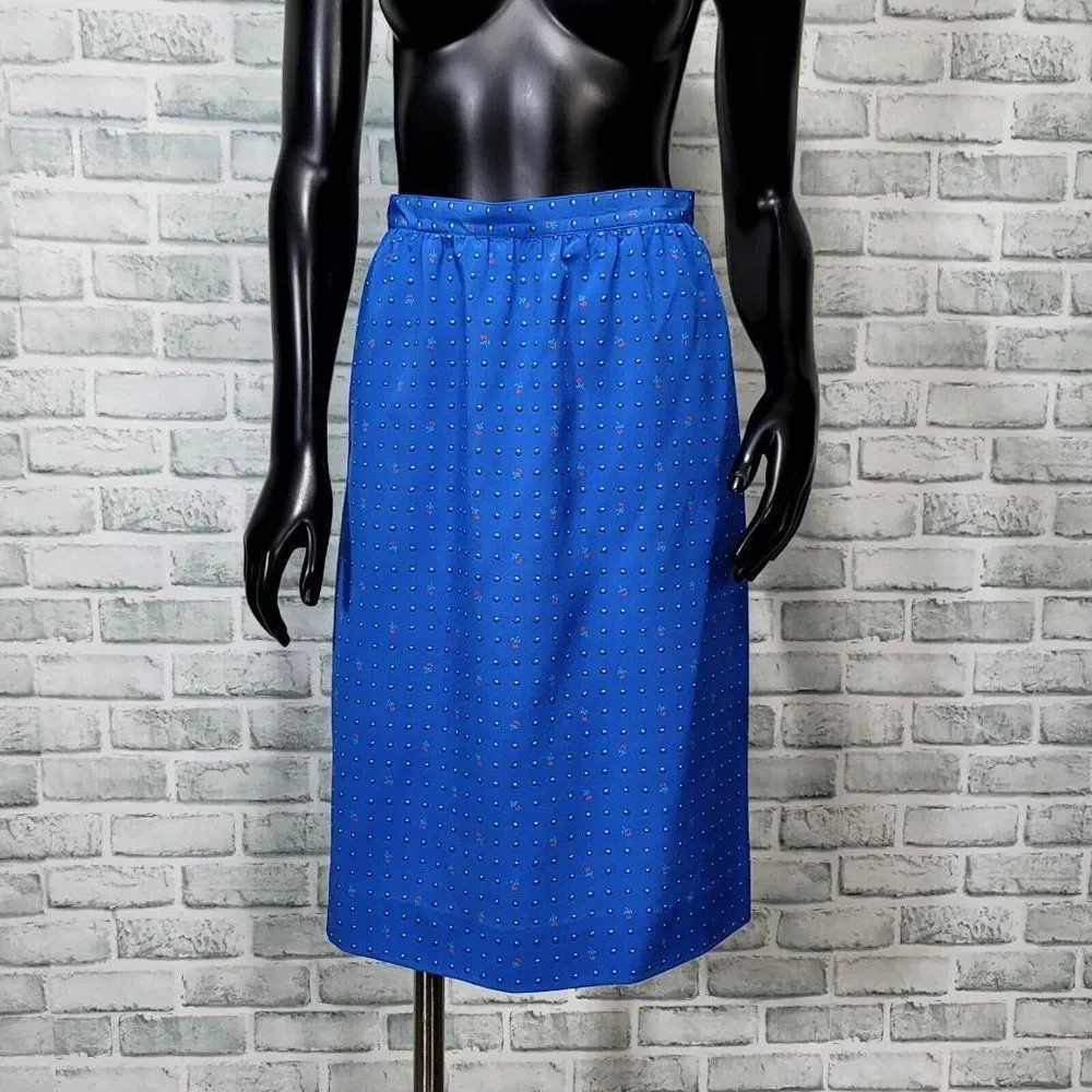 Vintage 70s Sasson S Blue Silky Polyester Floral Dot Pattern Aline Skirt Hi Rise